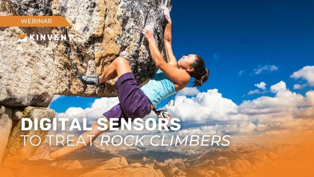 Webinars 4 Kinvent webinar banner for Digital Sensors to Treat Rock Climbers featuring a female athlete climbing a rock face