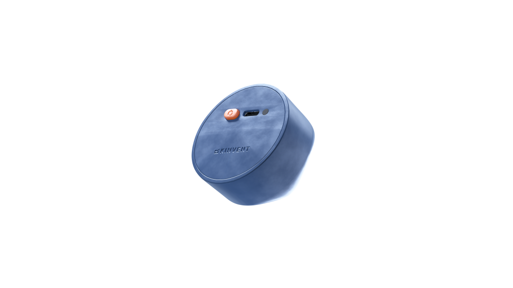 A 3D product render of the blue circular Kinvent K-Bubble pneumatic sensor device isolated on a transparent background, showing its textured casing, engraved logo, orange power button, and charging port