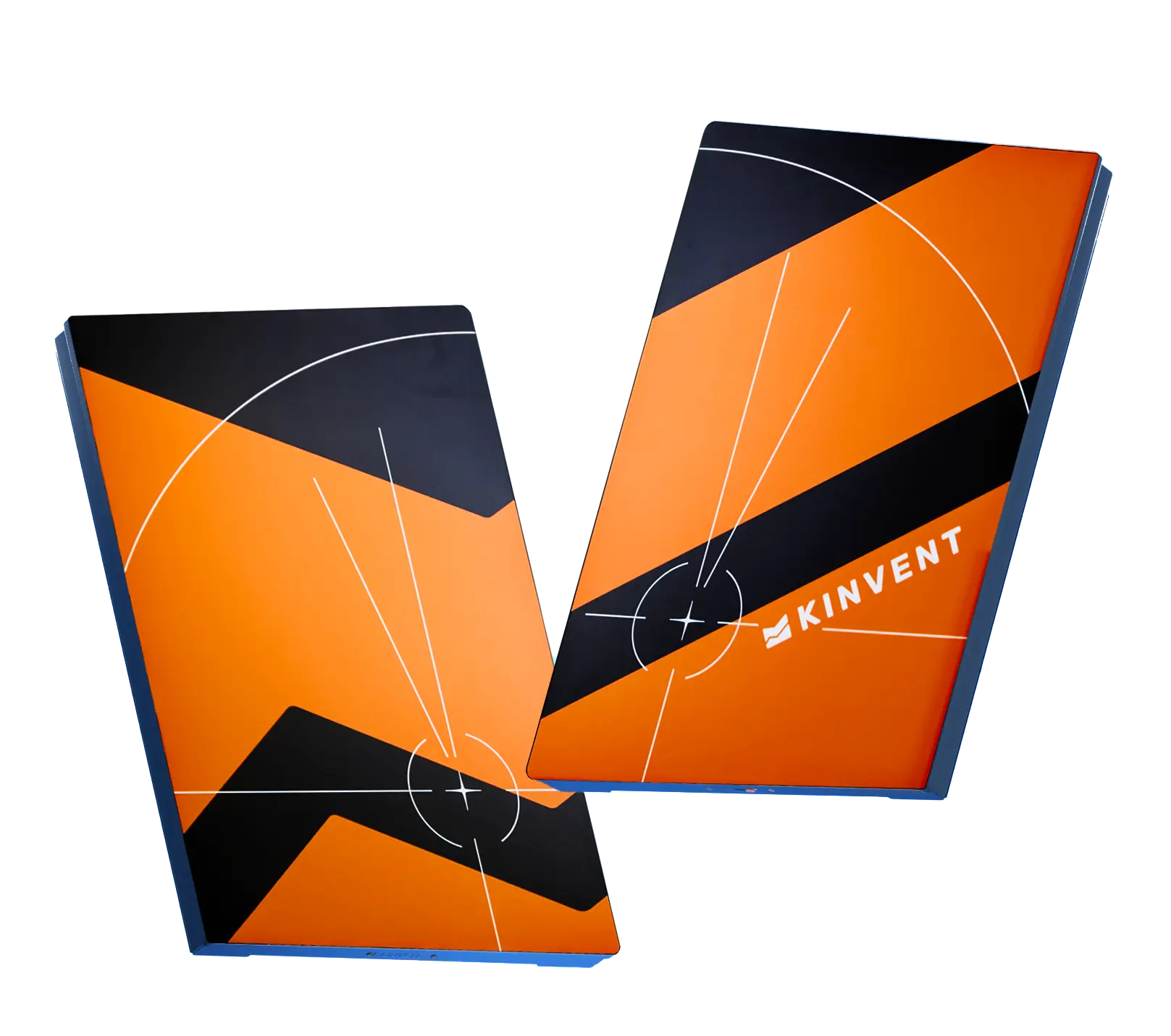 A pair of orange and black Kinvent K-Deltas force plates designed for biomechanical and athletic performance analysis