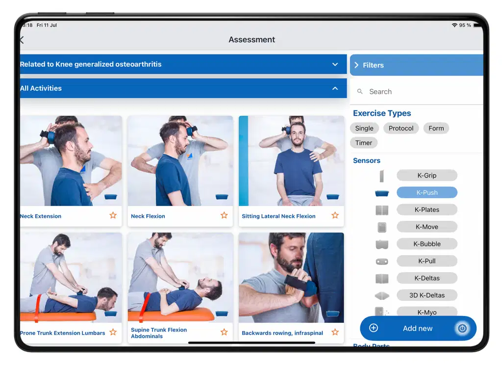 A tablet screen showing the Kinvent app interface filtered for the "K-Push" handheld dynamometer, displaying a grid of physical therapy assessment exercises including neck extensions, neck flexions, and trunk extensions