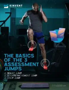 Cover page of the Kinvent Physio e-book titled The Basics of the 3 Assessment Jumps featuring an athlete performing a jump on a force plate with chapters covering Squat Jump, Countermovement Jump and Drop Jump