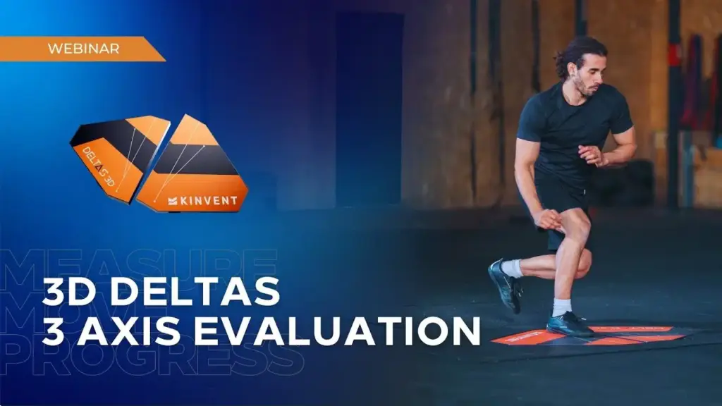 Kinvent webinar banner for 3D Deltas: 3 Axis Evaluation featuring an athlete performing a single-leg hop test on a force plate