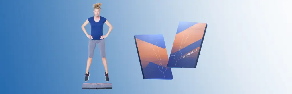 A banner featuring an athlete performing a vertical jump test on a pair of Kinvent K-Plates force plates against a blue gradient background
