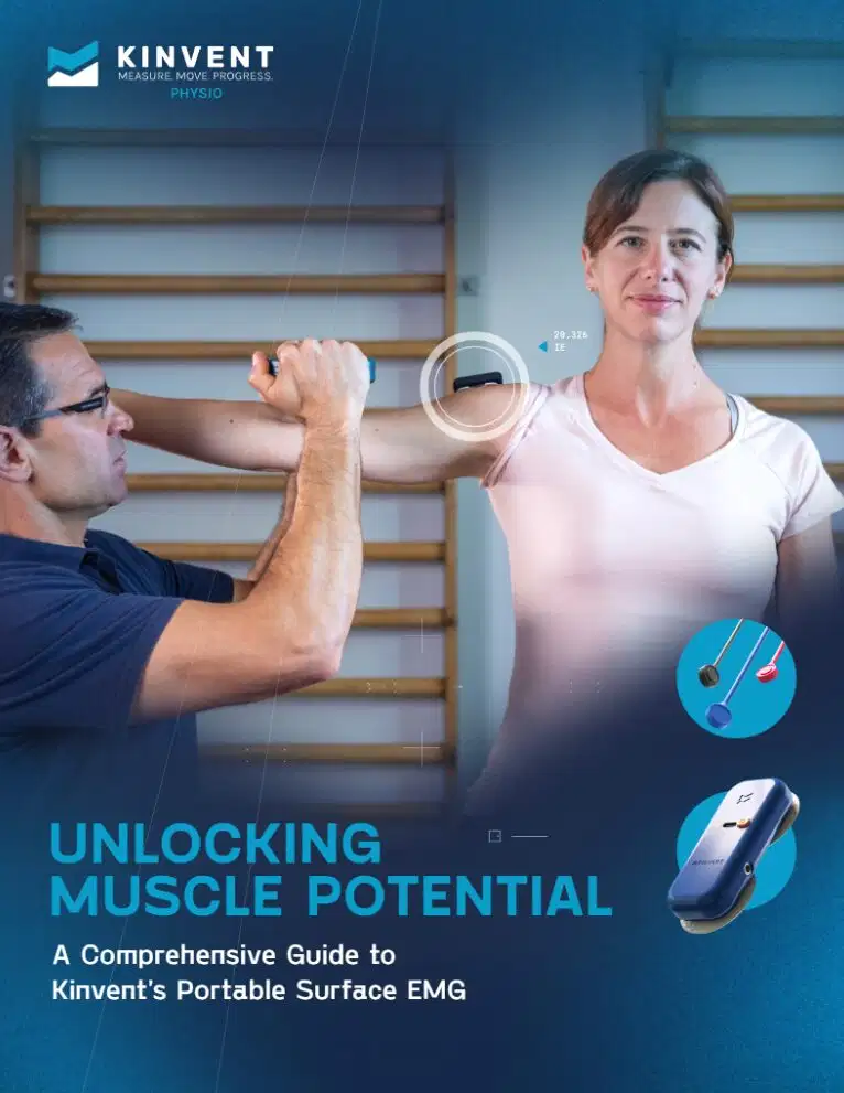 Cover page of the Kinvent Physio e-book titled Unlocking Muscle Potential A Comprehensive Guide to Kinvent's Portable Surface EMG featuring a physiotherapist assessing a patient's shoulder muscle activity with a Kinvent EMG sensor