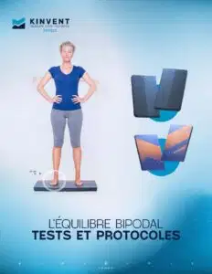 L’équilibre bipodal : tests et protocoles 5 Couverture de l'e-book Kinvent Physio intitulé Bipodal Balance Procedures and Testing montrant une athlète debout sur une plateforme de force pour une évaluation de l'équilibre bipodal