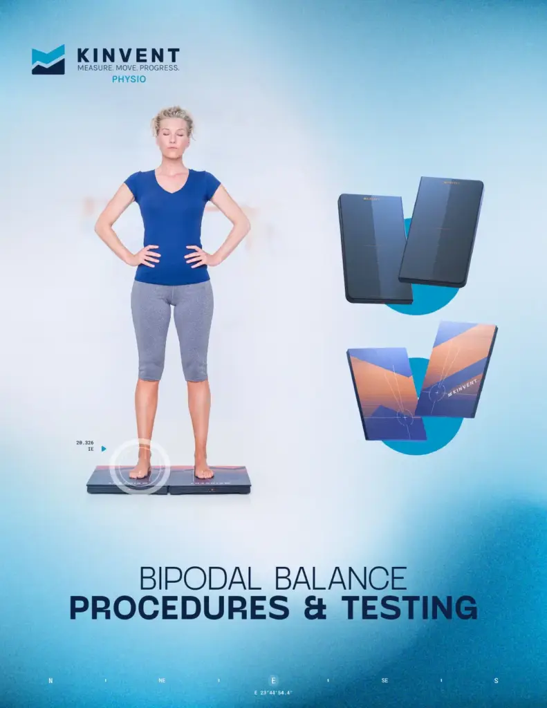 Cover page of the Kinvent Physio e-book titled Bipodal Balance Procedures and Testing featuring an athlete standing on a force plate for a bipodal balance assessment