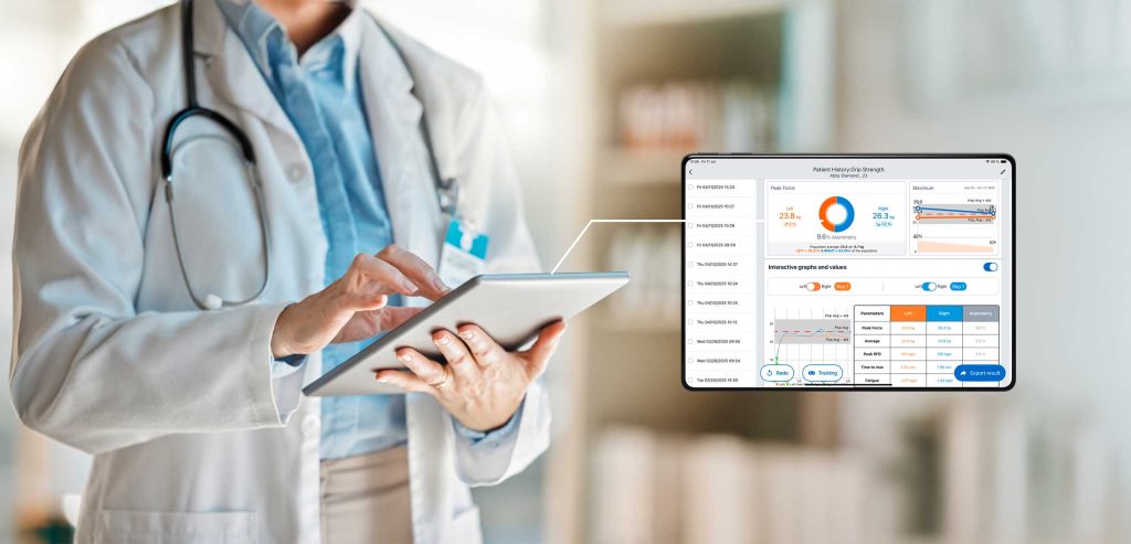 A healthcare professional using a tablet that highlights the Kinvent app interface displaying objective patient data, assessment graphs, and real-time biofeedback metrics