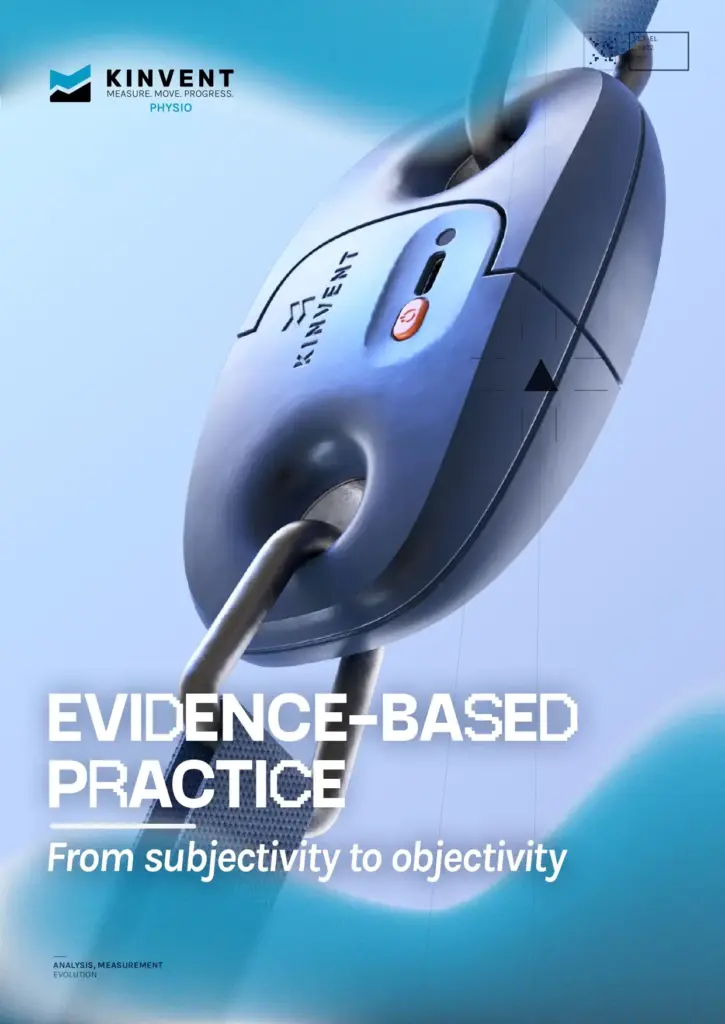 Cover page of the Kinvent Physio e-book titled Evidence-Based Practice From Subjectivity to Objectivity featuring a close-up of a Kinvent sensor device