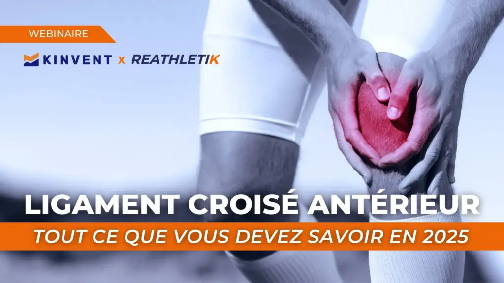 Bannière du webinaire Kinvent x Reathletik sur le ligament croisé antérieur (LCA) avec un gros plan sur un genou douloureux