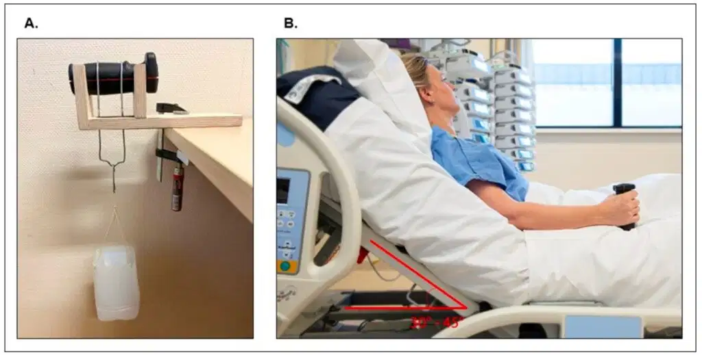 Two side-by-side scientific images showing concurrent validity testing setups: (A) a handheld dynamometer calibrated with hanging weights on a wooden rig, and (B) a female patient in a hospital bed elevated at a 30° to 45° angle holding the device to measure grip strength reliability