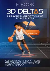 E-book cover titled 3D Deltas: A Practical Guide to 3-Axis Force Plates featuring a basketball player performing a dynamic movement on force plates