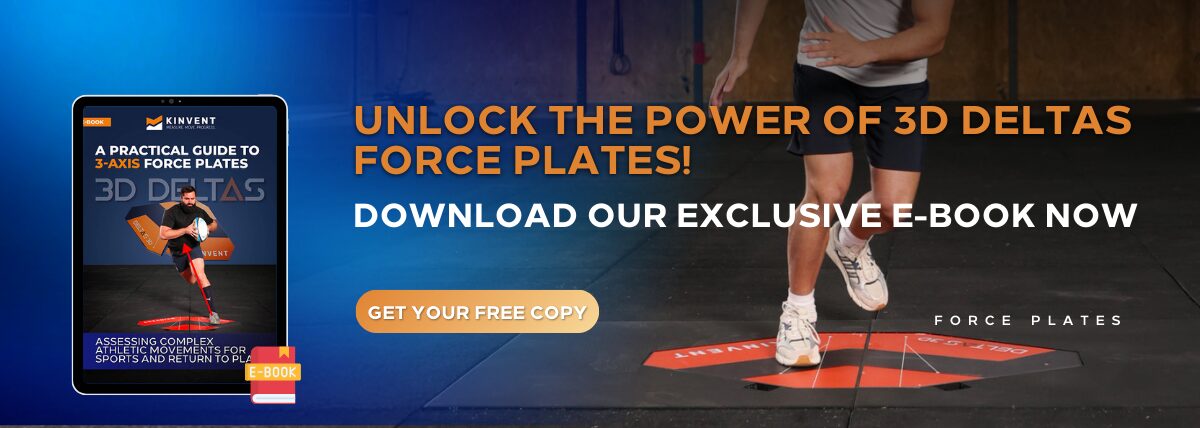 Promotional blue and black banner for a Kinvent ebook, featuring an athlete's legs in a dynamic stance on a 3D Deltas force plate, with French text inviting users to download the exclusive e-book