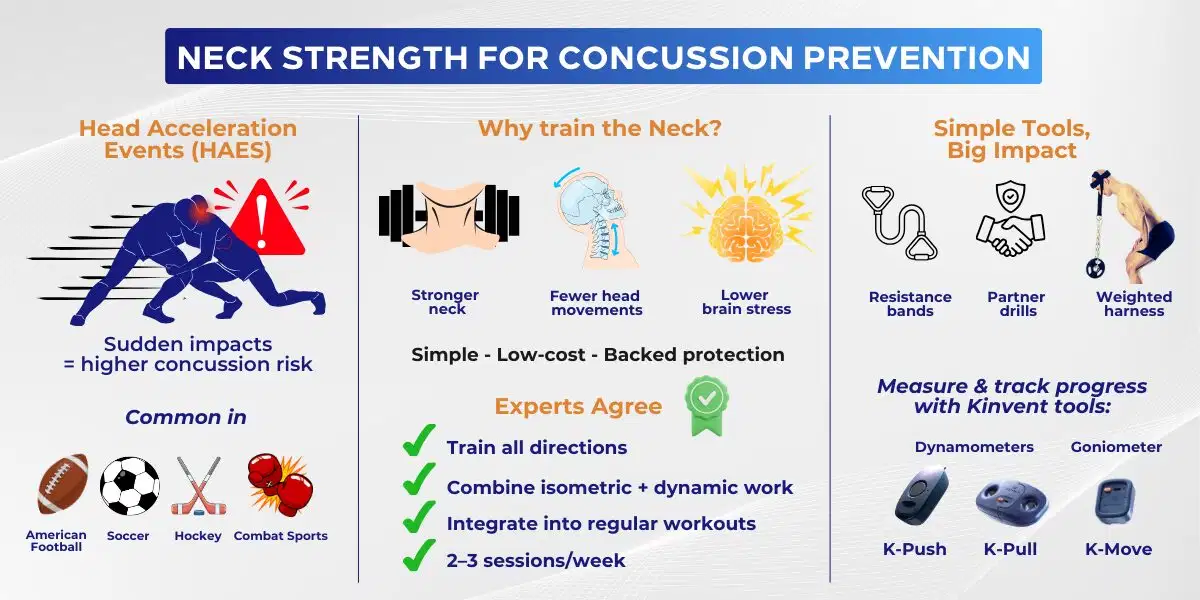 Neck Training for Concussion Prevention: Why Strengthening the Neck Matters in Sports 1 Infographic titled Neck Strength for Concussion Prevention outlining the benefits of neck training in sports and measurement with Kinvent tools