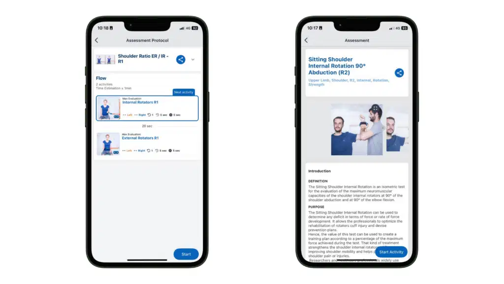 Split screenshot of the Kinvent app showing a shoulder ER/IR ratio assessment protocol on the left screen and the sitting shoulder internal rotation test at 90° abduction details on the right screen