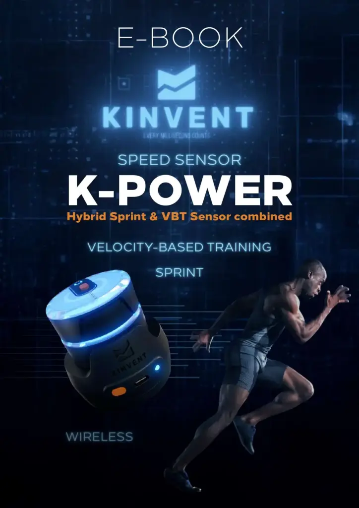 Cover of Kinvent's K-Power e-book displaying a wireless speed sensor device and a sprinter in motion, with text Speed Sensor K-Power Hybrid Sprint & VBT Sensor combined, Velocity-Based Training