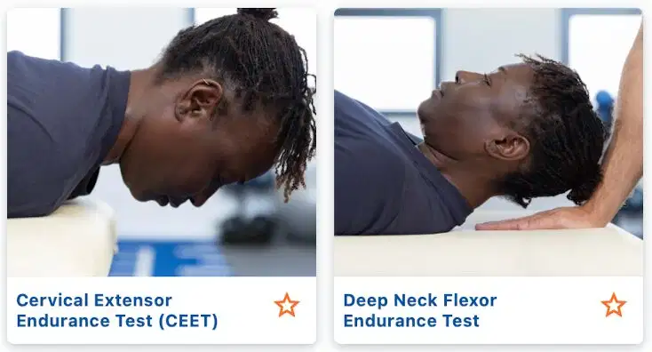 Neck Training for Concussion Prevention: Why Strengthening the Neck Matters in Sports 4 Two Kinvent app screenshots illustrating neck muscle assessments: left shows the Cervical Extensor Endurance Test (CEET) in a prone position, and right shows the Deep Neck Flexor Endurance Test in a supine position with manual support