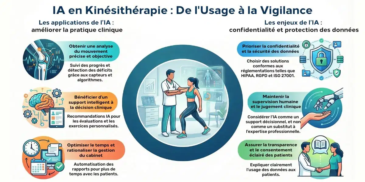 Infographie en français intitulée IA en Kinésithérapie : De l'Usage à la Vigilance détaillant les applications cliniques et les enjeux de confidentialité, avec une illustration centrale d'un kinésithérapeute guidant une patiente