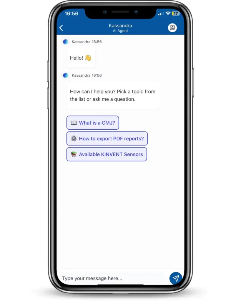Patient Data Privacy and Security: A Core Challenge of AI and Data Management in Physical Therapy 3 Smartphone screen capture of the discussion interface of Kassandra, Kinvent's AI virtual assistant, displaying a welcome message and help option buttons on a transparent background