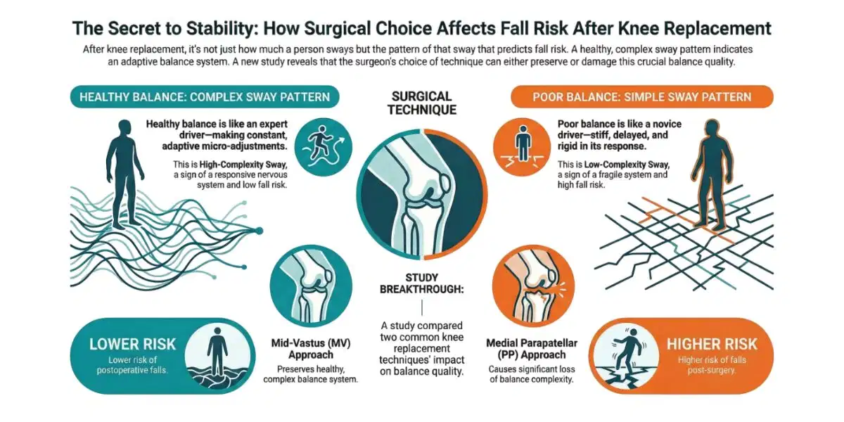 Balanceo postural tras el reemplazo de rodilla: la importancia de la complejidad del equilibrio para prevenir caídas 1 Infographic titled 'The Secret to Stability' comparing knee surgery techniques: Mid-Vastus approach preserves healthy complex balance (lower fall risk) while Medial Parapatellar approach reduces balance complexity (higher fall risk)