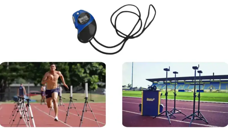 Perfil fuerza-velocidad en el sprint: cómo K-Power transforma el entrenamiento de la velocidad 4 Collage of traditional sprint analysis tools including a handheld stopwatch and timing gates with photoelectric cells on a track