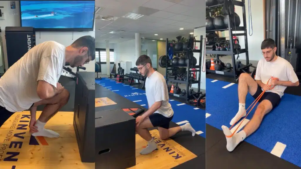 Los cuatro pilares del movimiento humano: movilidad, estabilidad, fuerza y movimiento funcional explicados 5 Three-panel photo showing a man performing ankle mobility tests, lunges, and resistance band stretches in a gym, illustrating mobility and stability exercises