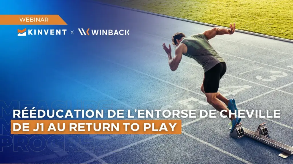 Bannière du webinaire Kinvent et Winback sur la rééducation de l'entorse de cheville, illustrée par un athlète quittant ses starting-blocks