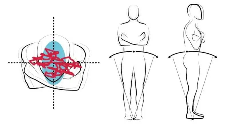 Balanceo postural tras el reemplazo de rodilla: la importancia de la complejidad del equilibrio para prevenir caídas 2 Biomechanical diagram illustrating postural sway with a top view of the center of pressure and balance movements from the front and side
