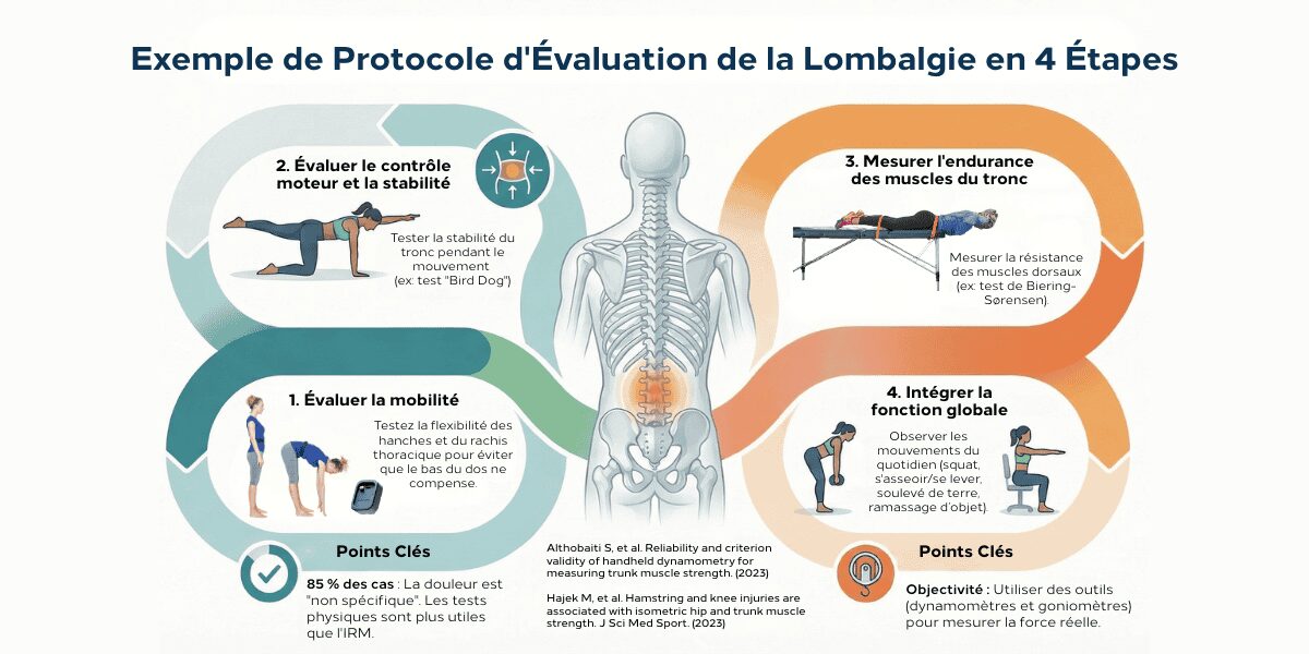 Lombalgie : évaluation clinique, tests validés et prise en charge fondée sur les preuves 1 exemple de protocole d'évaluation de la lombalgie en 4 étapes