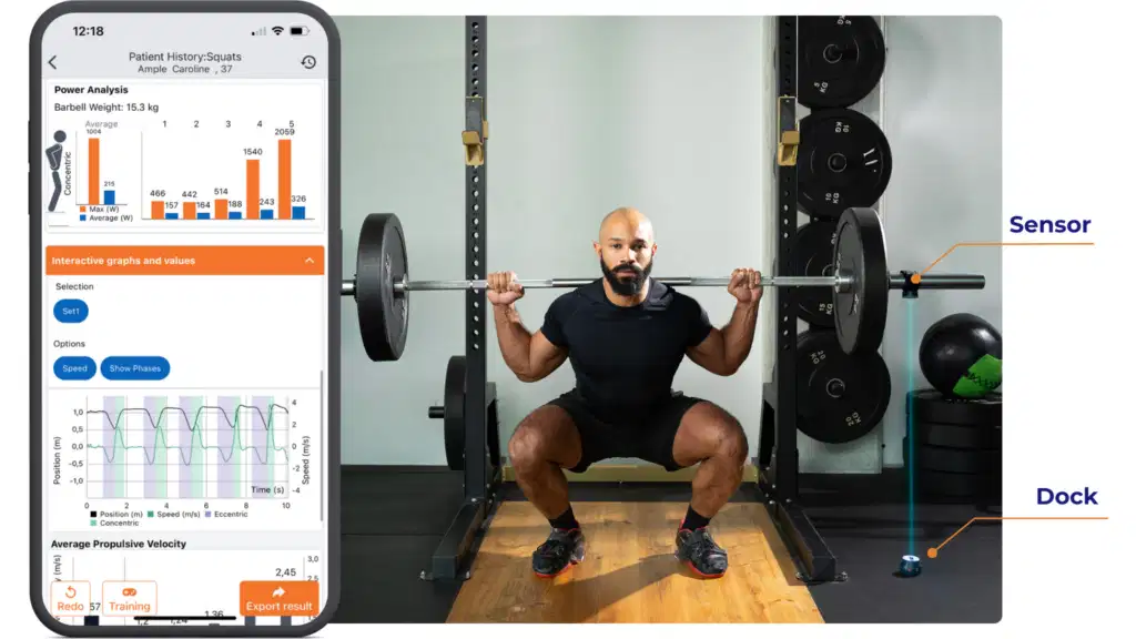 Collage showing an athlete performing a barbell back squat next to a smartphone displaying the Kinvent app with real-time power and velocity metrics