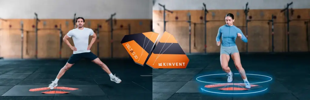 Promotional banner showing athletes training on Kinvent 3D DELTAS force plates for advanced motion analysis
