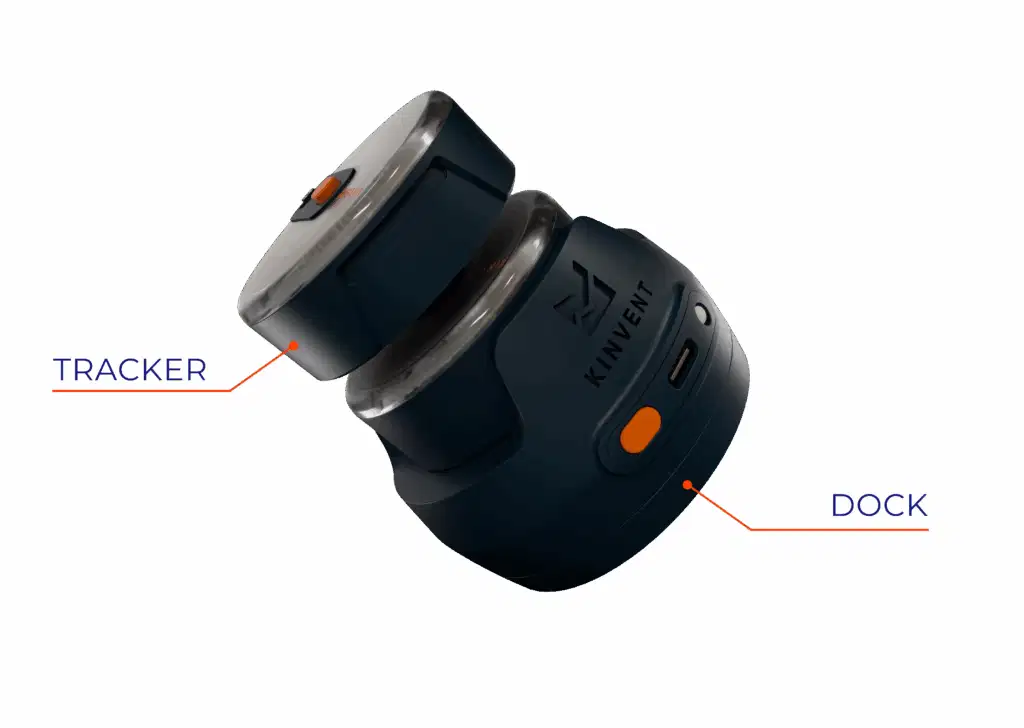 Product diagram of the Kinvent K-Power device on a transparent background with text pointers identifying the tracker and the dock