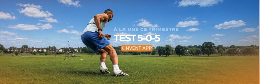 Athlète réalisant le test d'agilité 5-0-5 sur le terrain pour évaluer sa vitesse de changement de direction avec l'application Kinvent