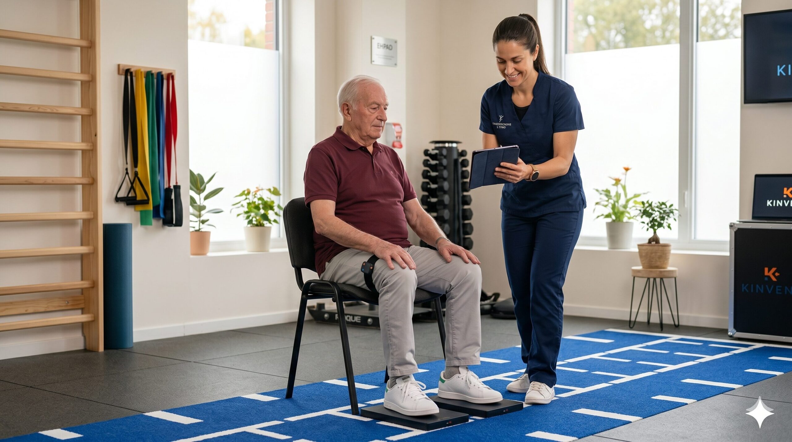 Kinésithérapeute évaluant la rééducation d'un patient senior avec les plateformes de force et capteurs connectés Kinvent