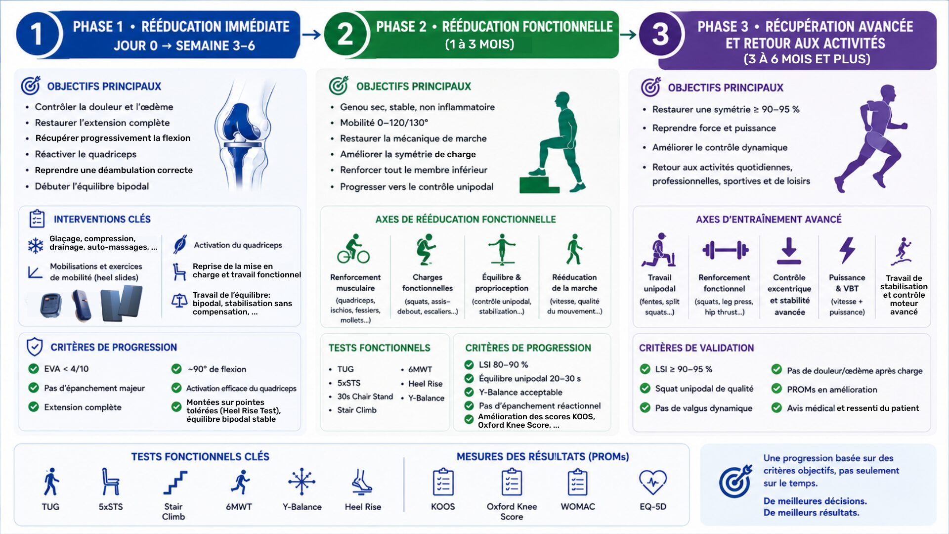 Rééducation après prothèse totale du genou : pourquoi passer à une approche fondée sur les critères EBP ? 1 rééducation après prothèse totale du genou: protocole phase par phase, tests fonctionnels, critères objectifs, questionnaires patients et outils connectés pour objectiver la récupération