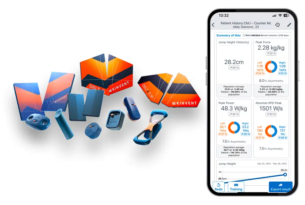 Physical Therapy Practice Management: The Complete Guide to Optimize Your Clinic and Grow Your Business 1 A collection of Kinvent connected biometric sensors and force plates displayed alongside a smartphone screen showing jump test results and data analytics within the Kinvent application