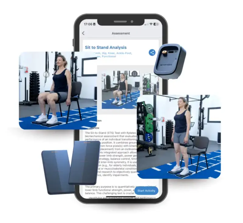 Overview of the Sit to Stand test in the Kinvent app, showing the use of K-Plates force plates and the K-Move sensor