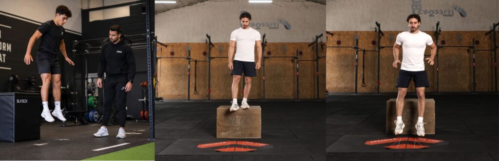 Three-panel banner showing steps of a drop jump test in a gym, with an athlete stepping off a wooden box onto Kinvent K-Delta force plates to measure jump metrics under a coach's supervision