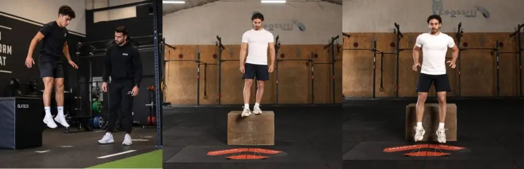 Three-panel banner showing steps of a drop jump test in a gym, with an athlete stepping off a wooden box onto Kinvent K-Delta force plates to measure jump metrics under a coach's supervision