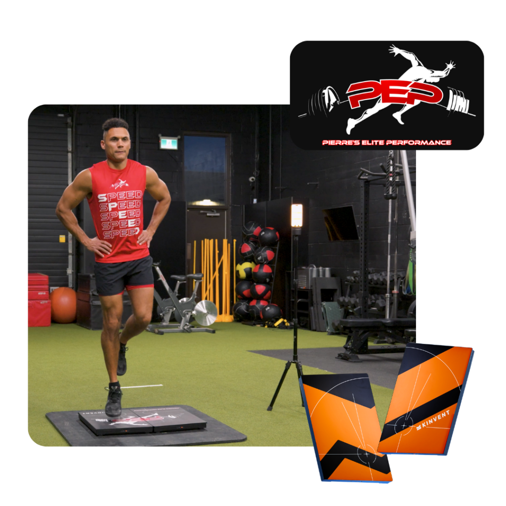 Athlete performing a single-leg test on Kinvent K-Deltas force plates for the Pierre's Elite Performance (PEP) special offer