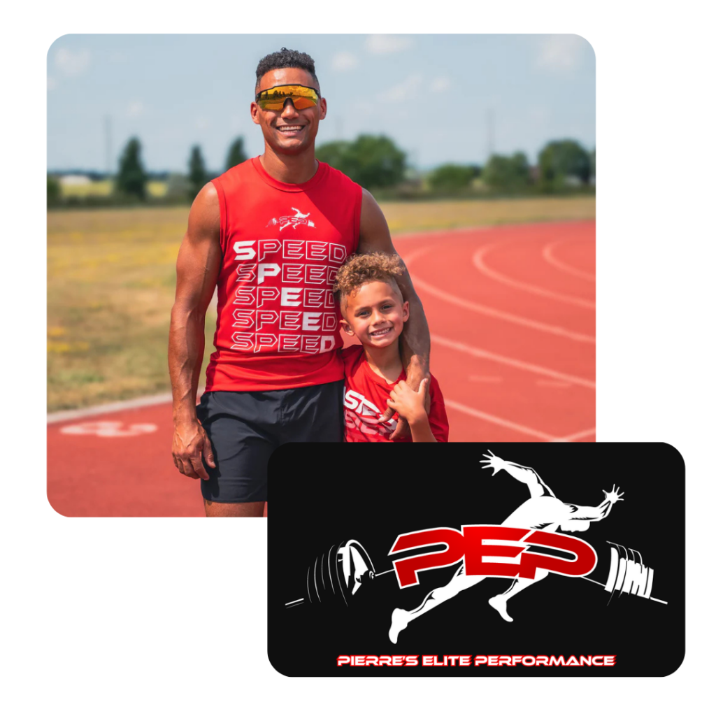 Photo of a coach and a young athlete on a running track with the Pierre's Elite Performance (PEP) logo