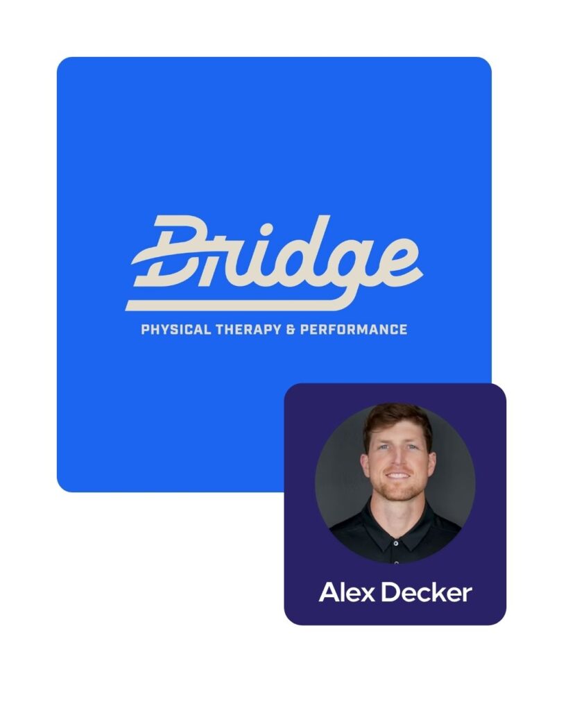 Promotional workshop graphic featuring the "Bridge Physical Therapy & Performance" logo on a bright blue background, overlapping with a portrait card of the host speaker, Alex Decker, on a dark blue background