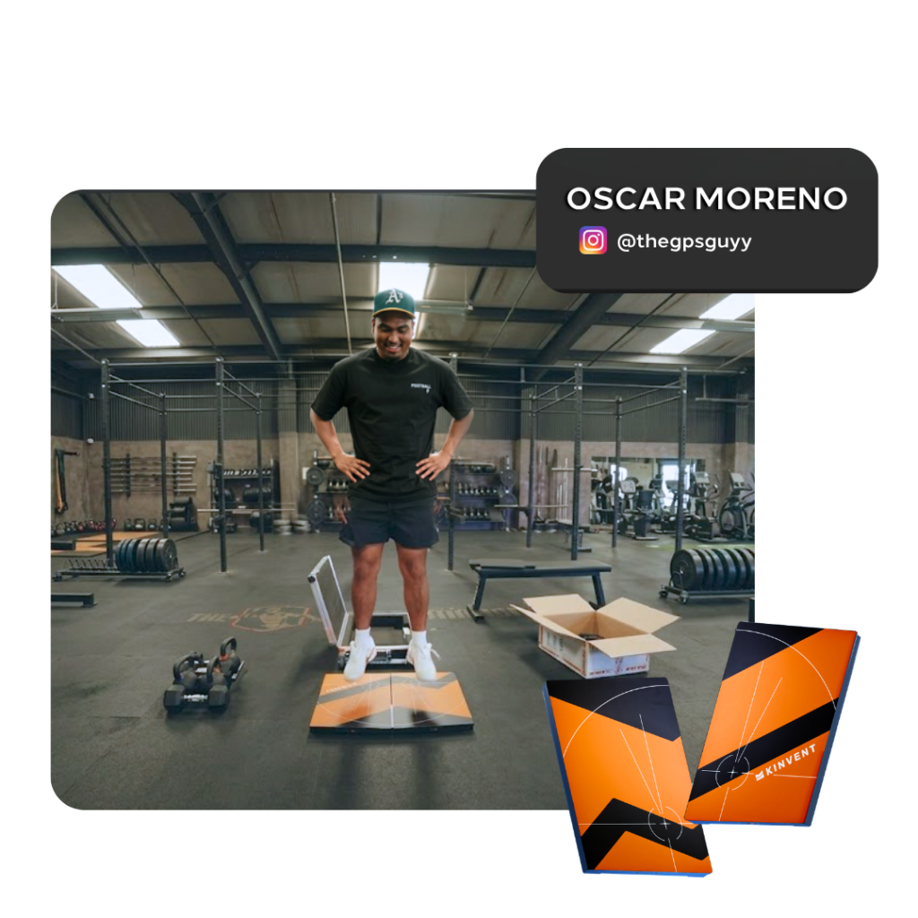 Oscar Moreno jumping on Kinvent K-Deltas force plates in a gym, transparent background.