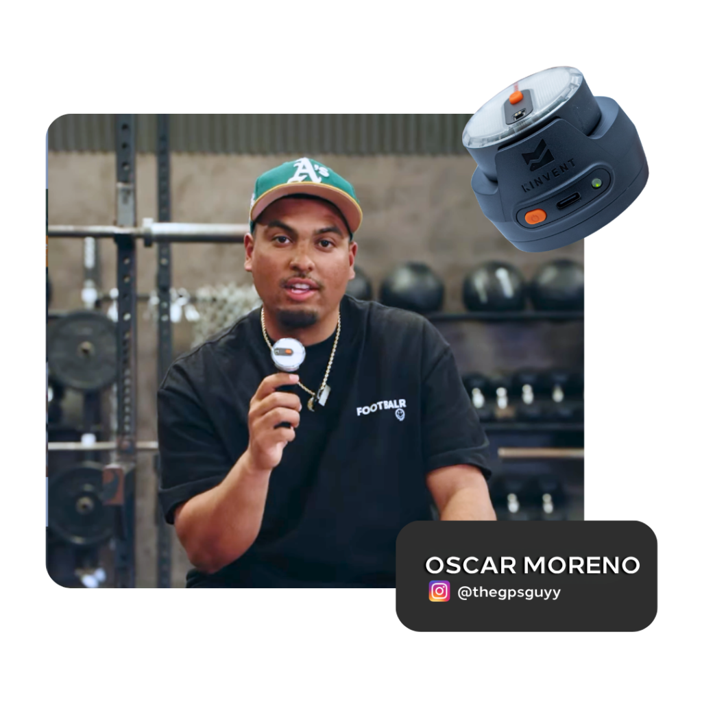 Oscar Moreno holding a Kinvent K-Power sensor in a gym, transparent background.