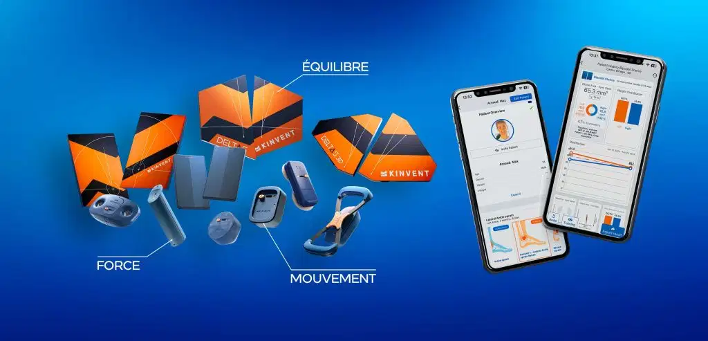 7 nouvelles technologies en kinésithérapie qui transforment la pratique clinique 7 Une bannière promotionnelle présentant la gamme de capteurs Kinvent à gauche avec les légendes « FORCE », « MOUVEMENT » et « ÉQUILIBRE », à côté de deux smartphones affichant les bilans de l'application en français, sur un fond dégradé bleu vif