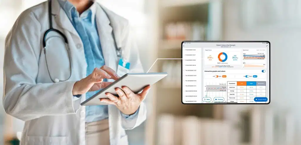 7 Physical Therapy Technologies Transforming Modern Rehabilitation 6 A healthcare professional using a tablet that highlights the Kinvent app interface displaying objective patient data, assessment graphs, and real-time biofeedback metrics