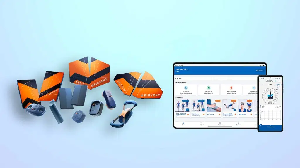 7 Physical Therapy Technologies Transforming Modern Rehabilitation 7 A product lineup presentation of physical therapy technology with Kinvent connected dynamometers and force plates on the left, shown alongside the official digital interface displayed on a tablet and a smartphone screen to the right, against a light blue gradient background