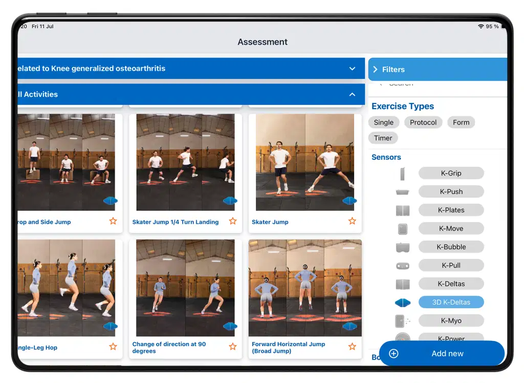 3D Deltas 51 A tablet screen showing the Kinvent app interface filtered for the "3D K-Deltas" force plates, displaying a grid of dynamic sports assessment activities such as skater jumps, single-leg hops, and changes of direction