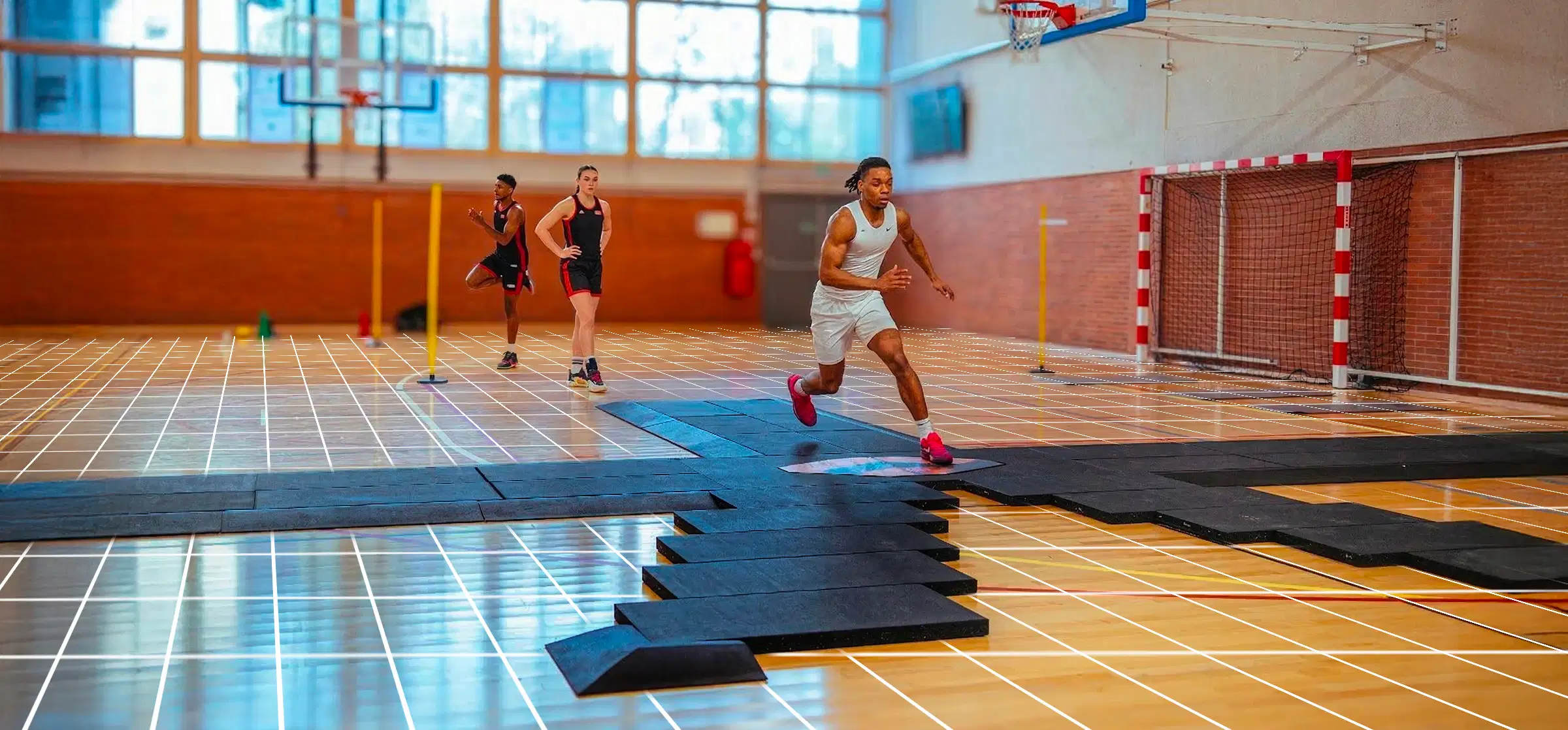 3D Deltas 49 Athlete performing a change of direction test on force plates with a superimposed biomechanical analysis grid