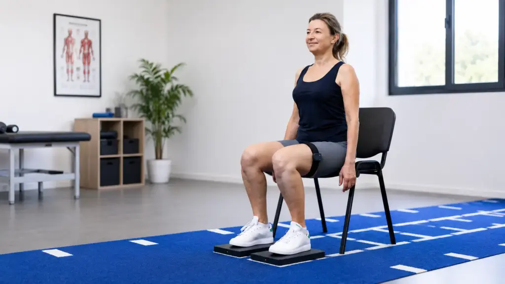 Patient performing a Sit-to-Stand assessment on force plates during a cardiac rehabilitation session.