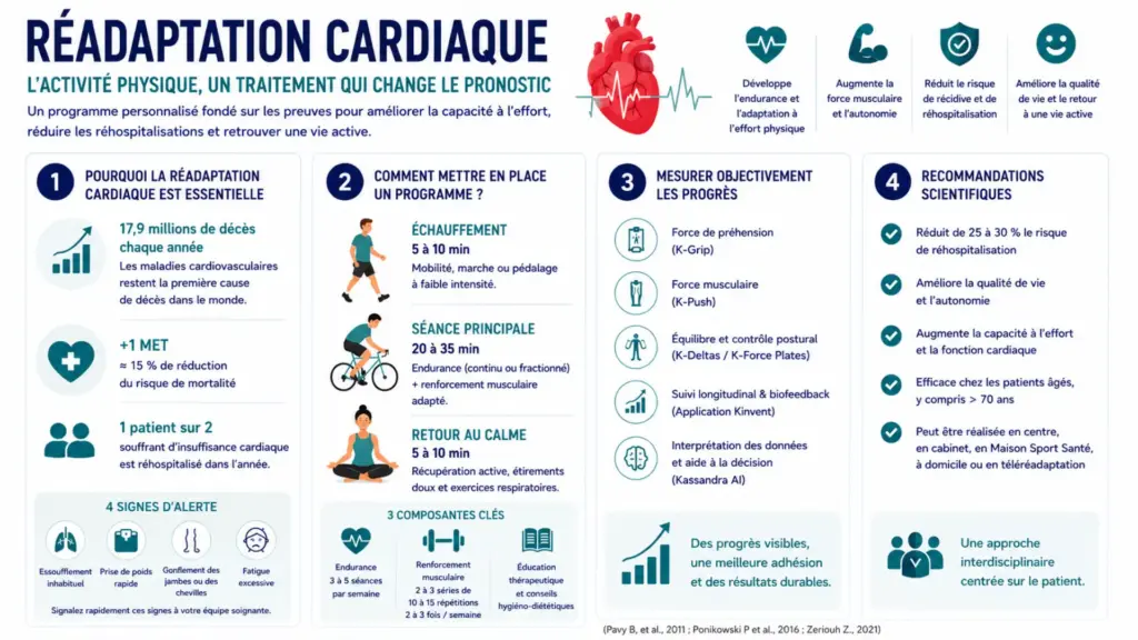 Réadaptation cardiaque : comment l'activité physique améliore durablement la récupération cardiovasculaire 1 Infographie sur la réadaptation cardiaque présentant les bénéfices, le programme d'exercice, le suivi objectif et les recommandations scientifiques.